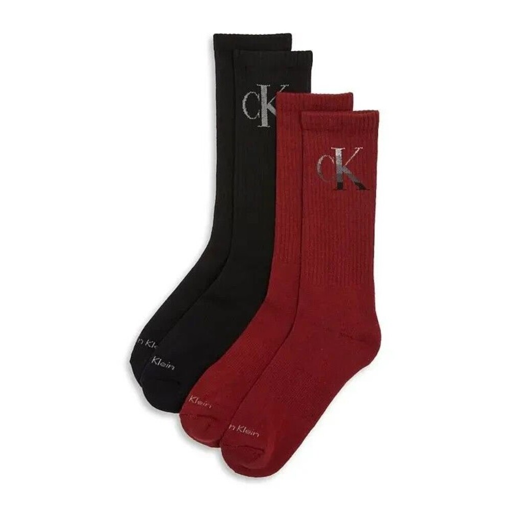 CALVIN KLEIN Crew Socks Maroon Black 2-Pack Ribbed Cushion CK Logo